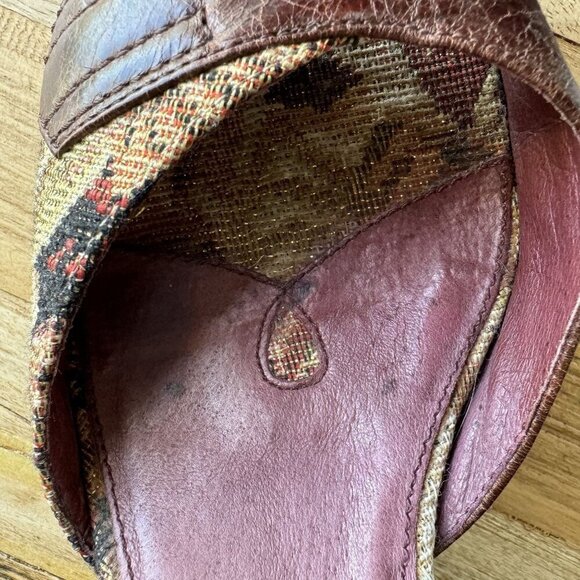 Kenzie Rachelle Burgundy Brocade Brown Platform Ankle Strap Peep Toe Sandal - Picture 15 of 17